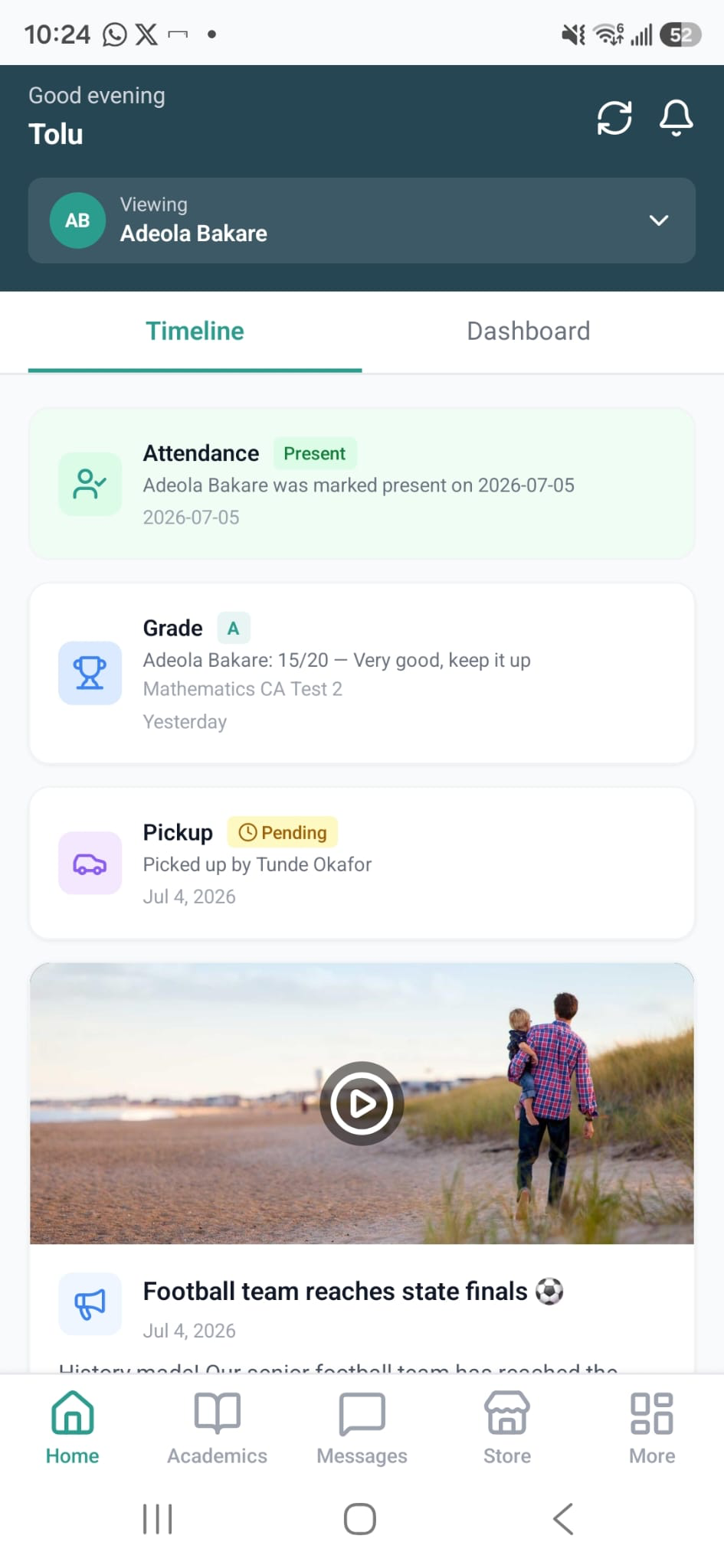 Parent mobile — real-time timeline per child