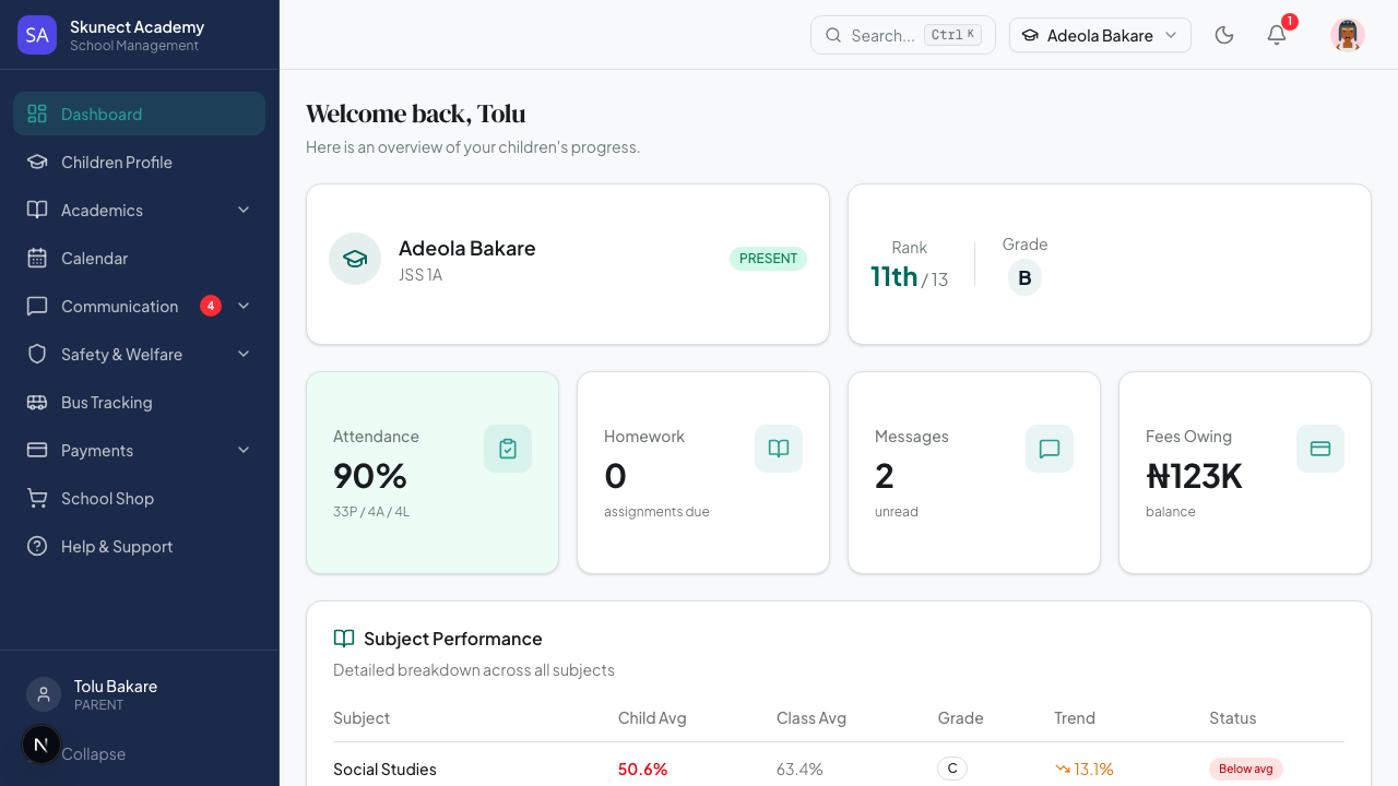 Parent dashboard showing a child's attendance, grades and fees